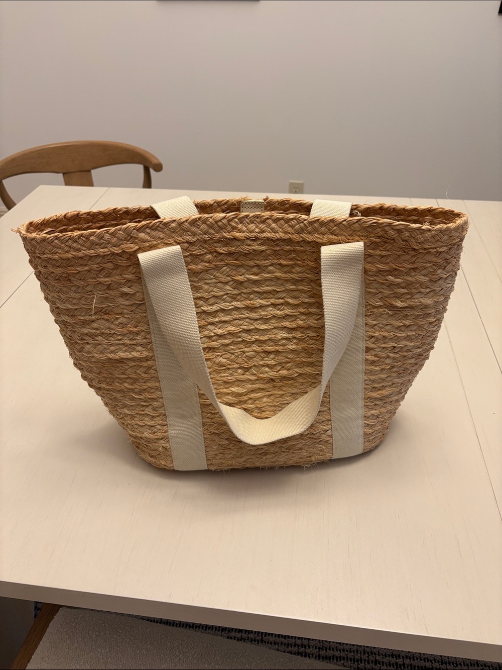 J. Crew Natural Straw Tote with Cream Webbing Handles